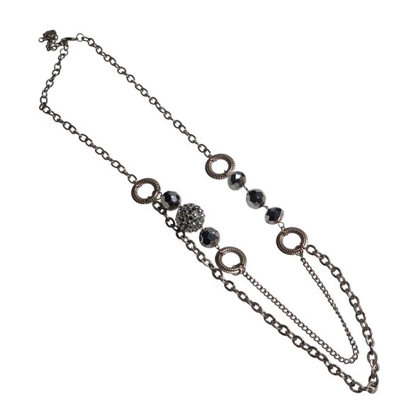 You and I Long Necklace Gunmetal Beaded Rhinestone Loops Layered Chains Jewelry - Picture 1 of 6